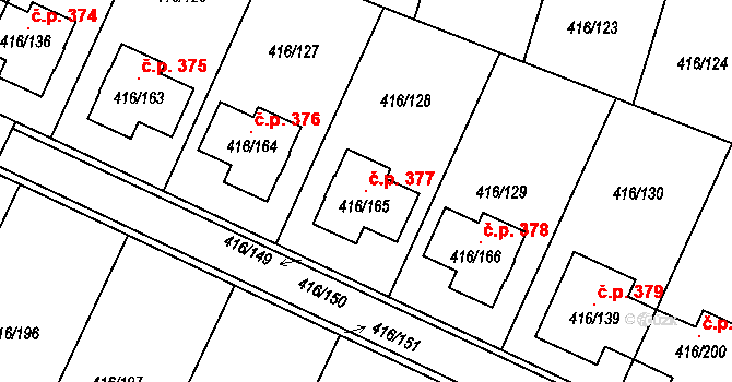 Rebešovice 377 na parcele st. 416/165 v KÚ Rebešovice, Katastrální mapa