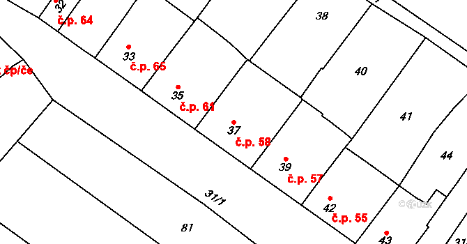 Derflice 58, Znojmo na parcele st. 37 v KÚ Derflice, Katastrální mapa