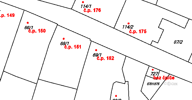 Hrádek 152 na parcele st. 69/1 v KÚ Hrádek u Znojma, Katastrální mapa