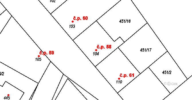 Sedlčánky 58, Čelákovice na parcele st. 104 v KÚ Sedlčánky, Katastrální mapa