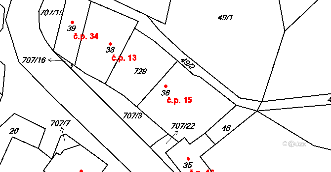 Sebečice 15 na parcele st. 36 v KÚ Sebečice, Katastrální mapa