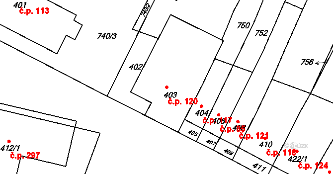 Moutnice 120 na parcele st. 403 v KÚ Moutnice, Katastrální mapa