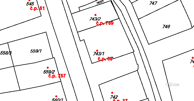 Šardice 38 na parcele st. 743/1 v KÚ Šardice, Katastrální mapa