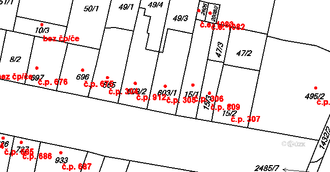 Kyjov 305 na parcele st. 603/1 v KÚ Kyjov, Katastrální mapa