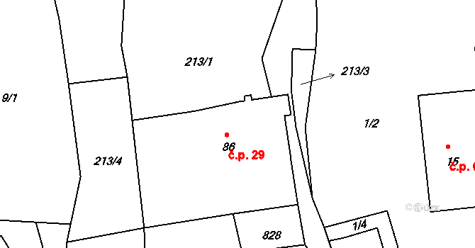 Vlastibořice 29 na parcele st. 86 v KÚ Vlastibořice, Katastrální mapa
