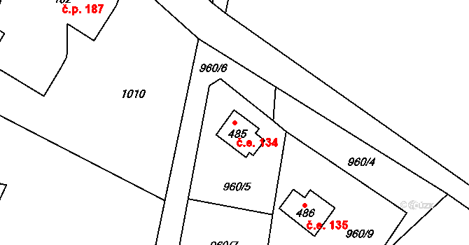 Raškovice 134 na parcele st. 485 v KÚ Raškovice, Katastrální mapa