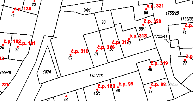 Libochovice 316 na parcele st. 51 v KÚ Libochovice, Katastrální mapa