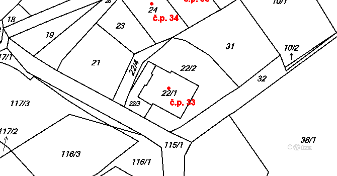 Olešnice 33, Ústí nad Labem na parcele st. 22/1 v KÚ Olešnice u Svádova, Katastrální mapa