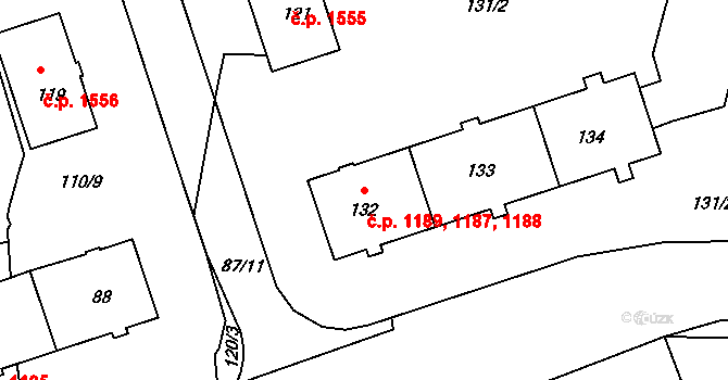 Kadaň 1187,1188,1189 na parcele st. 132 v KÚ Kadaň, Katastrální mapa