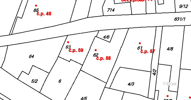 Cerekvice nad Loučnou 58 na parcele st. 62 v KÚ Cerekvice nad Loučnou, Katastrální mapa