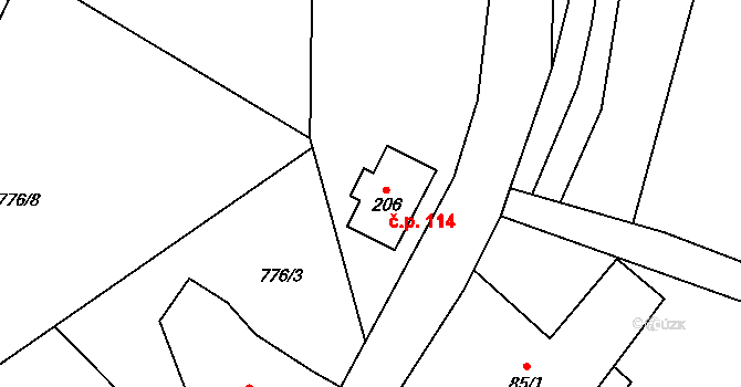 Horní Poustevna 114, Dolní Poustevna na parcele st. 206 v KÚ Horní Poustevna, Katastrální mapa