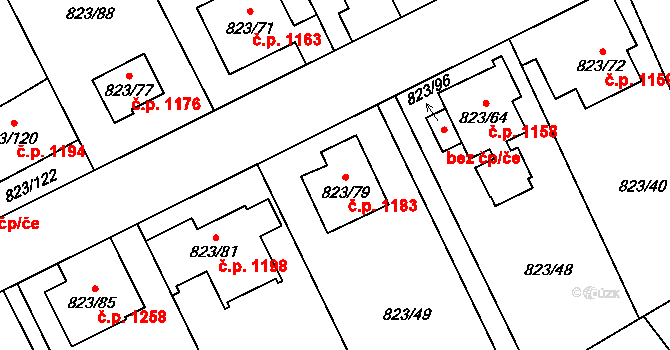 Radotín 1183, Praha na parcele st. 823/79 v KÚ Radotín, Katastrální mapa