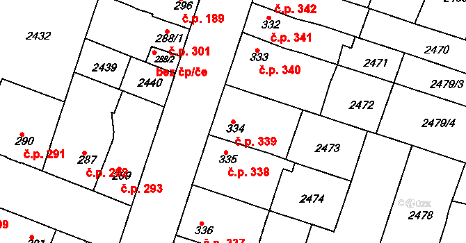 Rosice 339 na parcele st. 334 v KÚ Rosice u Brna, Katastrální mapa