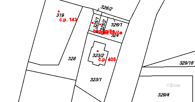 Chlumec 405 na parcele st. 323/2 v KÚ Chlumec u Chabařovic, Katastrální mapa