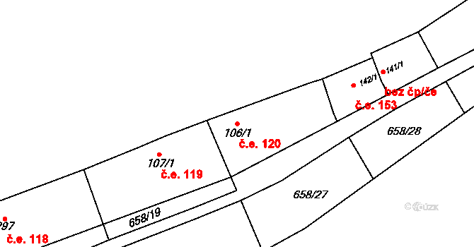 Kunětice 120 na parcele st. 106/1 v KÚ Kunětice, Katastrální mapa