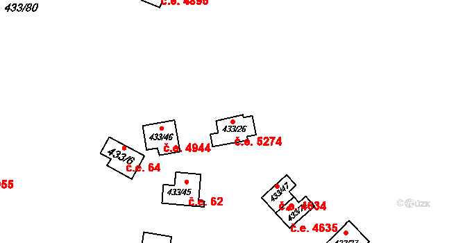 Jihlava 5274 na parcele st. 433/26 v KÚ Bedřichov u Jihlavy, Katastrální mapa