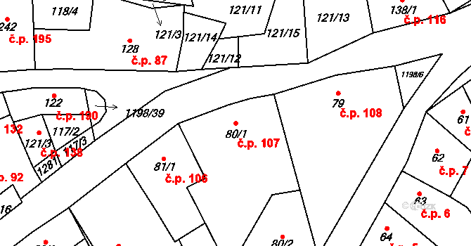 Jimramov 107 na parcele st. 80/1 v KÚ Jimramov, Katastrální mapa