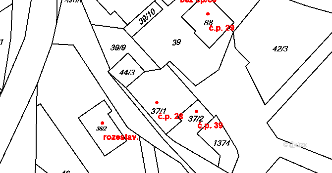 Sazomín 28 na parcele st. 37/1 v KÚ Sazomín, Katastrální mapa