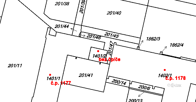 Hradec Králové 44092172 na parcele st. 1401/2 v KÚ Hradec Králové, Katastrální mapa