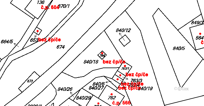 Petrovice 44700172 na parcele st. 764 v KÚ Petrovice u Chabařovic, Katastrální mapa