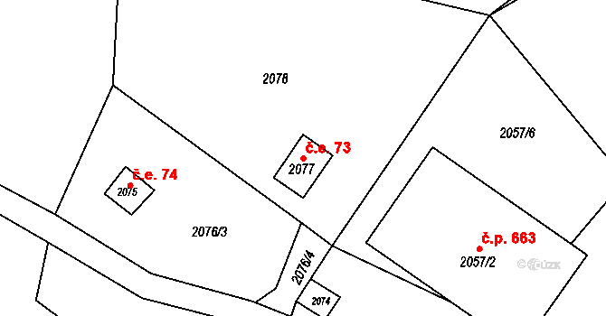 Buchlovice 73 na parcele st. 2077 v KÚ Buchlovice, Katastrální mapa