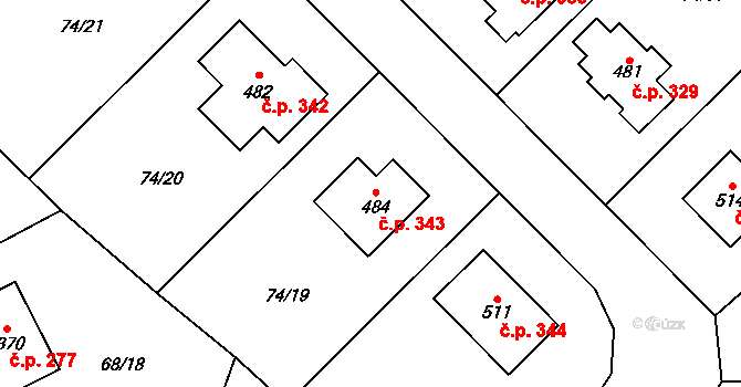 Broumy 343 na parcele st. 484 v KÚ Broumy, Katastrální mapa