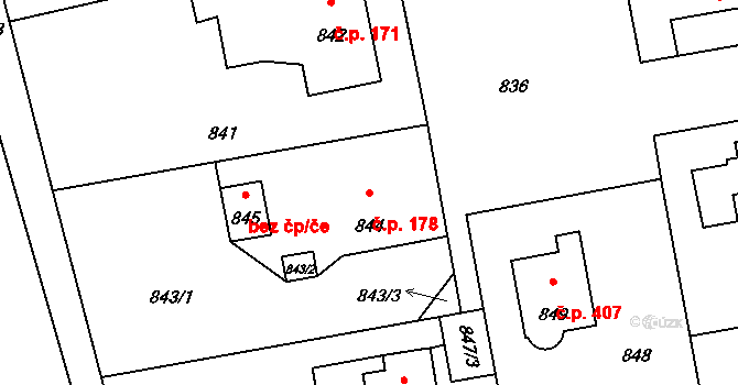 Průhonice 178 na parcele st. 844 v KÚ Průhonice, Katastrální mapa