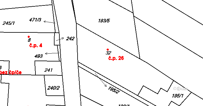 Kolesa 26, Kladruby nad Labem na parcele st. 32 v KÚ Kolesa, Katastrální mapa