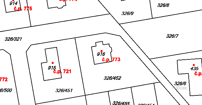 Nehvizdy 773 na parcele st. 916 v KÚ Nehvizdy, Katastrální mapa