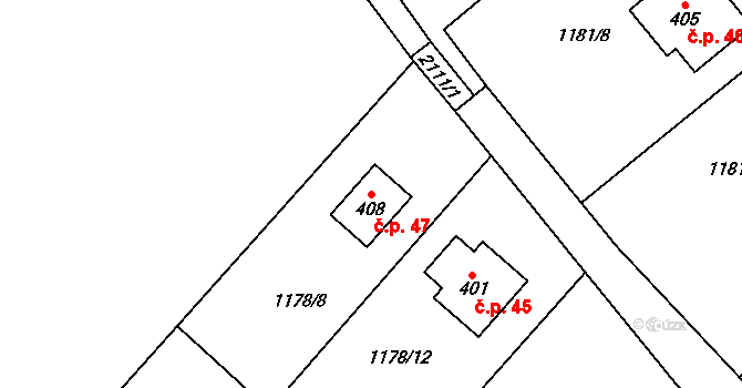 Vranovská Lhota 47, Vranov na parcele st. 408 v KÚ Vranovská Lhota, Katastrální mapa