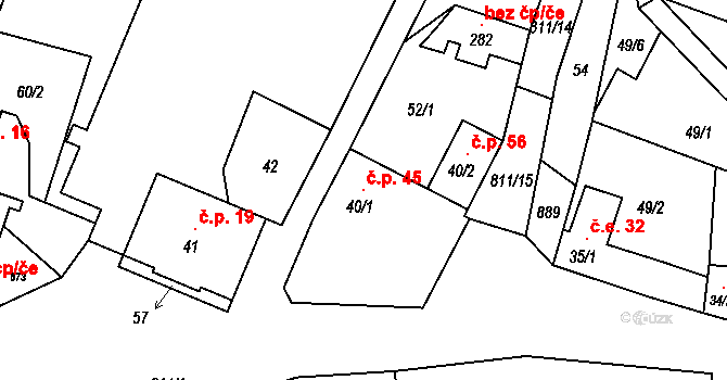 Telce 45, Peruc na parcele st. 40/1 v KÚ Telce, Katastrální mapa