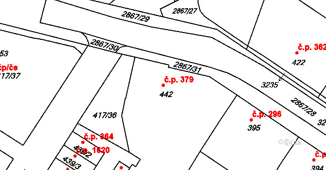 Bystřice pod Hostýnem 379 na parcele st. 442 v KÚ Bystřice pod Hostýnem, Katastrální mapa