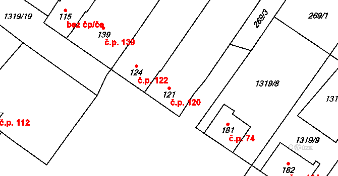 Křídlůvky 120 na parcele st. 121 v KÚ Křídlůvky, Katastrální mapa