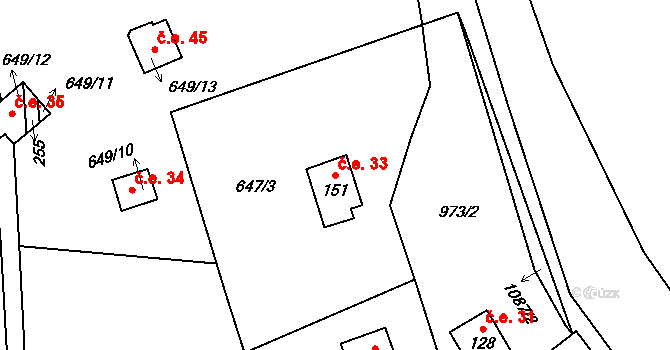 Řehenice 33 na parcele st. 151 v KÚ Malešín, Katastrální mapa