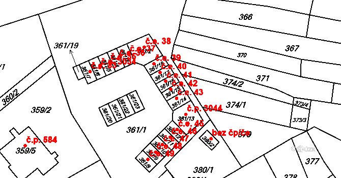 Vyškov-Předměstí 42, Vyškov na parcele st. 361/15 v KÚ Vyškov, Katastrální mapa
