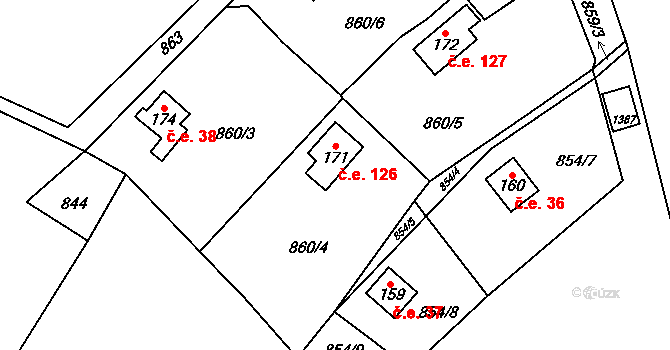 Lensedly 126, Kaliště na parcele st. 171 v KÚ Lensedly, Katastrální mapa