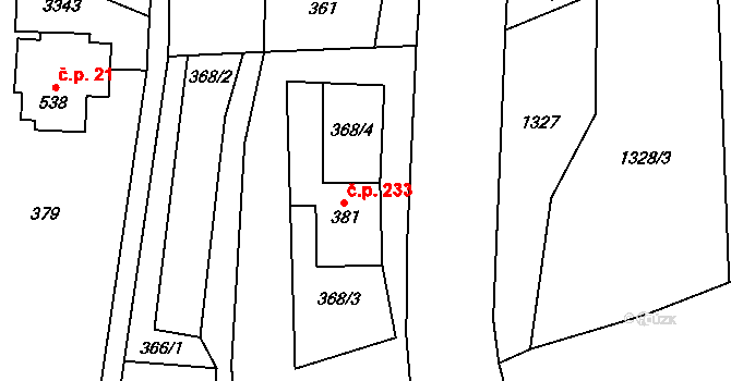 Roprachtice 233 na parcele st. 381 v KÚ Roprachtice, Katastrální mapa