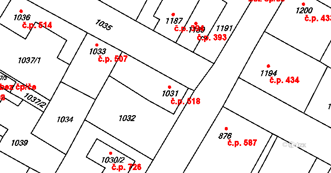 Kosmonosy 518 na parcele st. 1031 v KÚ Kosmonosy, Katastrální mapa