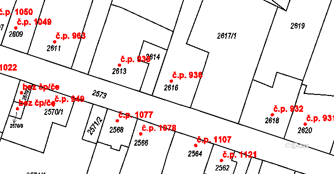 Tachov 936 na parcele st. 2616 v KÚ Tachov, Katastrální mapa