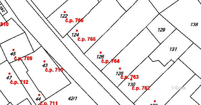 Březce 764, Štěpánov na parcele st. 126 v KÚ Březce, Katastrální mapa