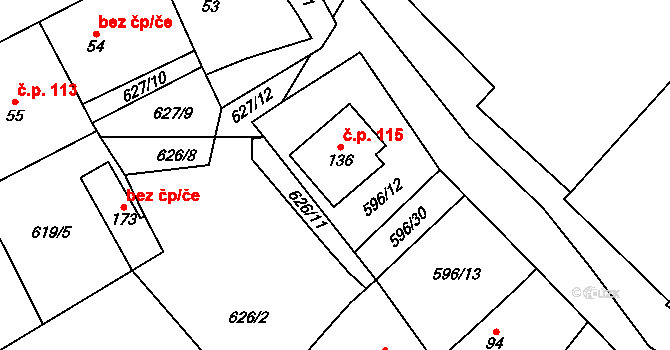 Račice 115 na parcele st. 136 v KÚ Račice u Štětí, Katastrální mapa