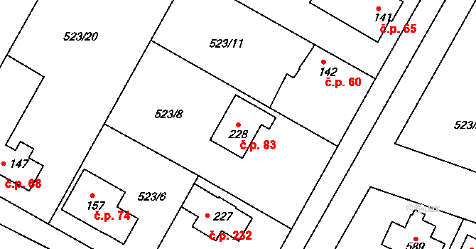 Horoušánky 83, Horoušany na parcele st. 228 v KÚ Horoušany, Katastrální mapa