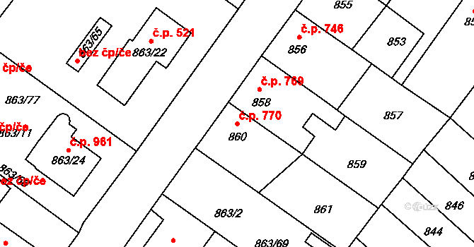 Pelhřimov 770 na parcele st. 860 v KÚ Pelhřimov, Katastrální mapa