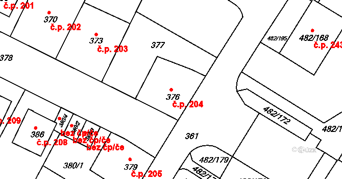 Frýdek 204, Frýdek-Místek na parcele st. 376 v KÚ Frýdek, Katastrální mapa