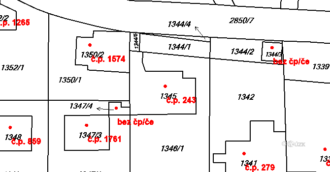Braník 243, Praha na parcele st. 1345 v KÚ Braník, Katastrální mapa