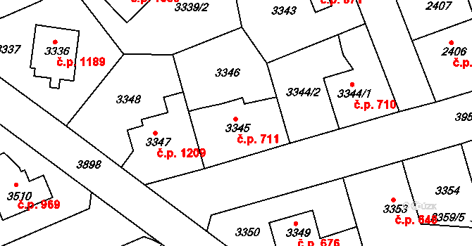Modřany 711, Praha na parcele st. 3345 v KÚ Modřany, Katastrální mapa