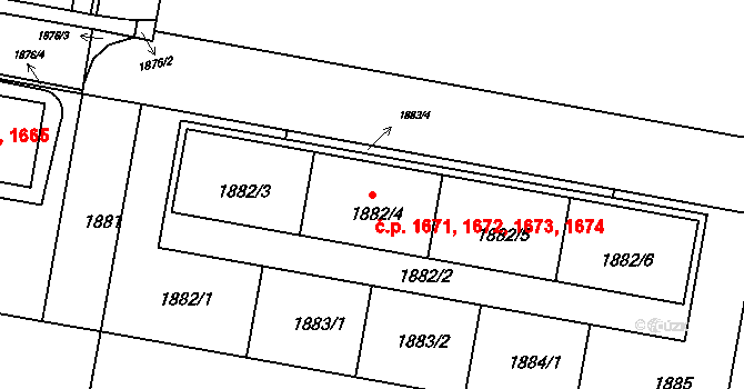 Záběhlice 1671,1672,1673,1674, Praha na parcele st. 1882/4 v KÚ Záběhlice, Katastrální mapa
