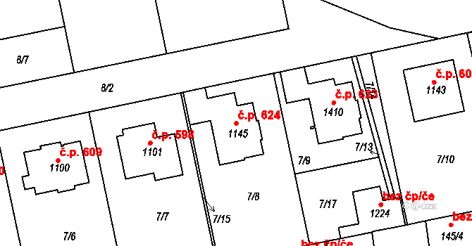 Malšovice 624, Hradec Králové na parcele st. 1145 v KÚ Malšovice u Hradce Králové, Katastrální mapa