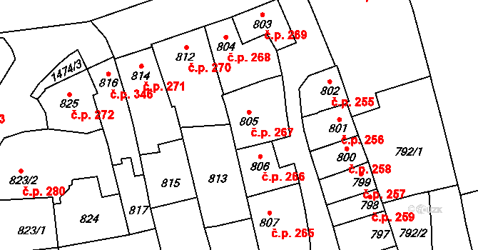 Šlapanice 267 na parcele st. 805 v KÚ Šlapanice u Brna, Katastrální mapa