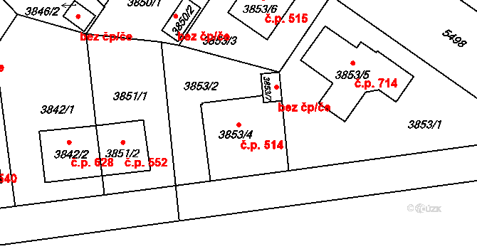 Božkov 514, Plzeň na parcele st. 3853/4 v KÚ Plzeň, Katastrální mapa